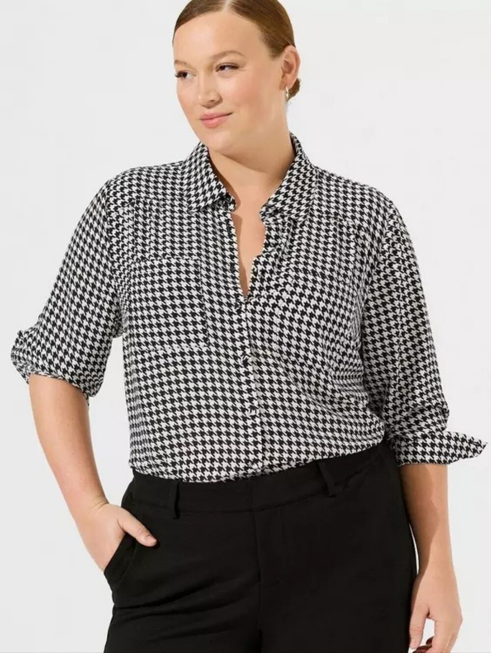 Torrid Madison Georgette Button-Up Long Sleeve Shirt Houndstooth